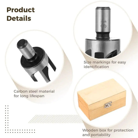 Premium Eight Piece Wood Plug Cutter Set Featuring Four Straight And Tapered Cork Drill Bits Heavy Duty Carbon Steel Gear for easy storage in wooden box.