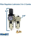 3/8 In Filter Regulator Lubricator 3-In-1 With Gauge, 40 Micron Brass Filter Element, Locking Regulator Knob shown