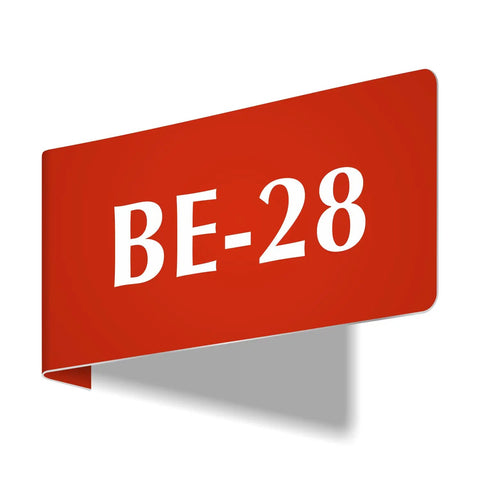 Heavy Duty Horizontal Warehouse Aisle Signs Custom Engraved L Shaped Rack Markers With Kickass Durable ABS Plastic Build Pre Drilled Mounting Holes Ready To Hang Made In Usa, red sign labeled BE-28.