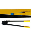 Heavy-Duty PET Strapping Machine Kit With Manual Tensioner And Sealer shown with yellow and black packaging, durable steel construction, and grips.