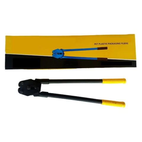 Heavy-Duty PET Strapping Machine Kit With Manual Tensioner And Sealer shown with yellow and black packaging, durable steel construction, and grips.