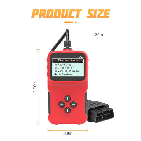 Universal OBD2 Code Reader And Diagnostic Tool With Crisp Lcd Screen, 3.0in width, 3.76in height, sturdy red grip.
