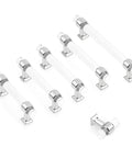 Five Pack Clear Acrylic Cabinet Handles With Single Hole Design Polished Chrome Zinc Alloy Drawer Pulls For Kitchen Cabinets And Furniture Easy Grip Knobs To Upgrade Your Kitchen Game With A Modern Sleek Look, showing five handles and mounting hardware.
