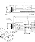 Technical drawing of manual linear stage with 150mm travel and 80x80mm table, black anodized aluminum, 196N load capacity.