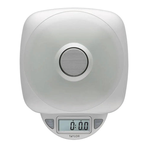 Top view of a digital glass top kitchen scale with 11 lb capacity and LCD display, silver finish, designed for home cooks, ultra accurate.