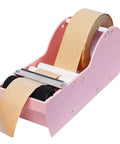 Solid Water Activated Gummed Kraft Paper Tape Dispenser Featuring Easy 3 Inch Side Loading Threader, showing pink handheld design with tape.