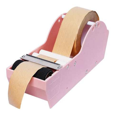 Solid Water Activated Gummed Kraft Paper Tape Dispenser Featuring Easy 3 Inch Side Loading Threader, showing pink handheld design with tape.