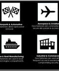 Graphic showing uses of Dzus fasteners in motorsports, aerospace, marine manufacturing, and industrial applications with icons.