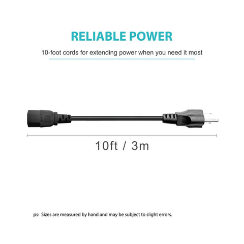 10 Ft 3 Prong AC Power Cord Universal Cable For Treadmills, TVs, Monitors, And Computers, 110-125V, 18AWG, NEMA 5-15P To C13