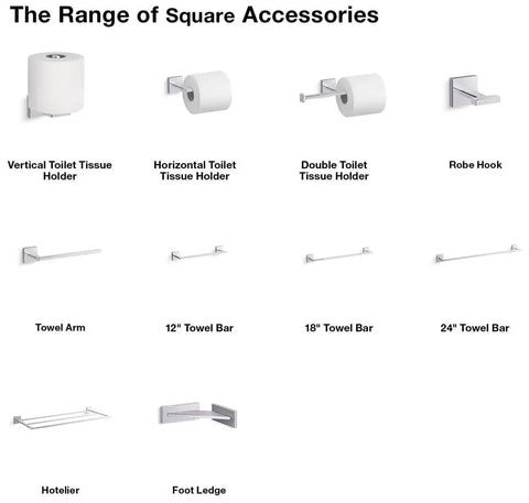 Square bathroom accessories including tissue holders, robe hook, towel bars, hotelier, foot ledge for modern décor.