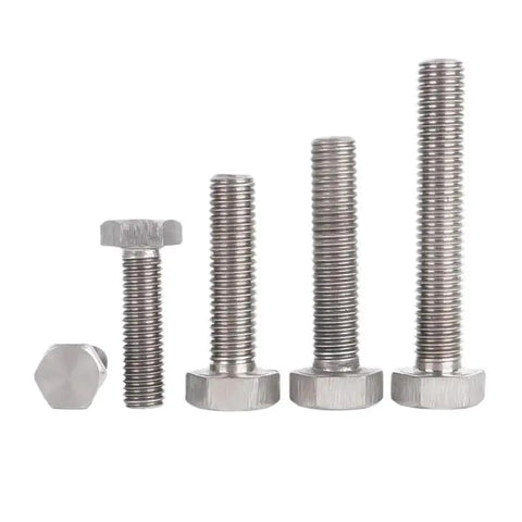Shop Grade Two Titanium Hex Head Bolts M16 Metric Thread Heavy Duty Fasteners, four varied lengths, durable steel, automotive use.