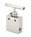 Front view of stainless steel high-pressure needle valve with T-handle; 1/4 in port, threaded outlet