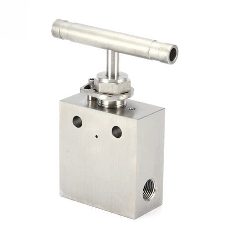 Front view of stainless steel high-pressure needle valve with T-handle; 1/4 in port, threaded outlet