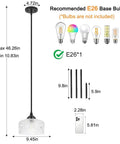 Adjustable Black Vintage Pendants With Ninety Degree Swivel Heads For Kitchen Islands And Bedrooms Offering Height Range. Dimensions and bulb recommendations shown.