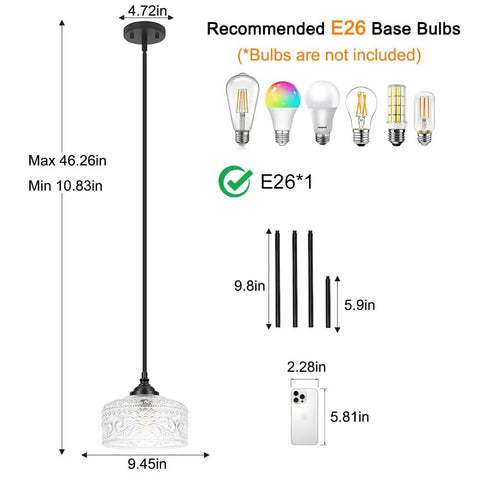 Adjustable Black Vintage Pendants With Ninety Degree Swivel Heads For Kitchen Islands And Bedrooms Offering Height Range. Dimensions and bulb recommendations shown.