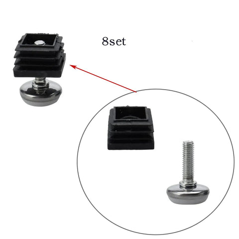 Eight Pack Adjustable Swivel Furniture Levelers With Metal And Plastic Screw Base M8x20mm Thread, showing detail of foot pad and screw.