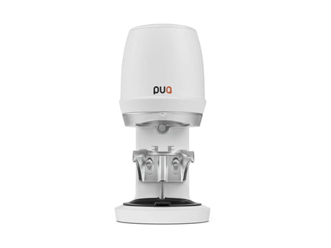 Automatic Espresso Tamper Tool For 58 Mm Commercial Portafilters and Pro Barista Gear Smooth Operator Puck Press in white.
