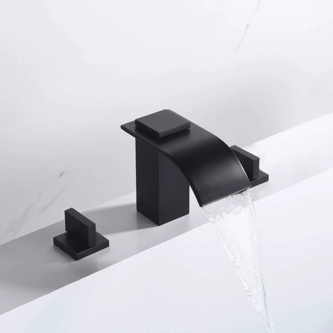 Matte Black Waterfall Tub Faucet Deck Mount Widespread Three Hole Bath Filler With Valve Solid Brass Valves High Flow Laminar Spout