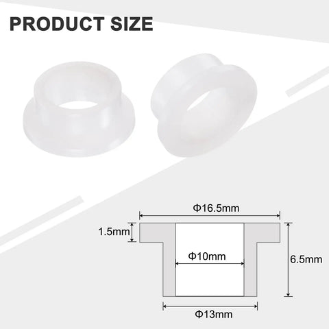 12 Pack Flanged Sleeve Bearings Plastic Bushings Nylon White Bore 10mm By 13mm OD By 6.5mm Length Flange 16.5mm product size diagram