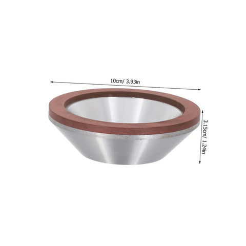 Top Tier Cup Shaped Diamond Grinding Wheel 100mm Rock Solid angled view showing 10cm diameter and metal abrasive for stone and concrete tasks.