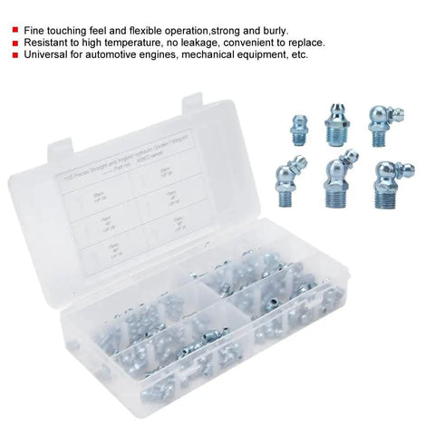 Grease Fittings Kit 110 Pcs Zinc Iron 45 Degree And 90 Degree Nipples Nozzles And Tips For Heavy Duty Machinery Bearings