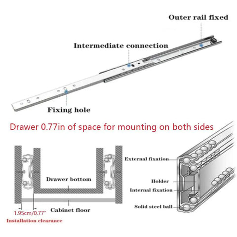 Heavy Duty Three Section Drawer Slides And Industrial Runner Tracks with fixing holes and mounting space illustration.