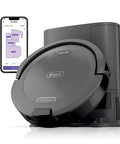 Grey Robot Vacuum With Self Empty Base And 60 Day Bagless Capacity, SmartPath LiDAR Navigation, phone app interface shown