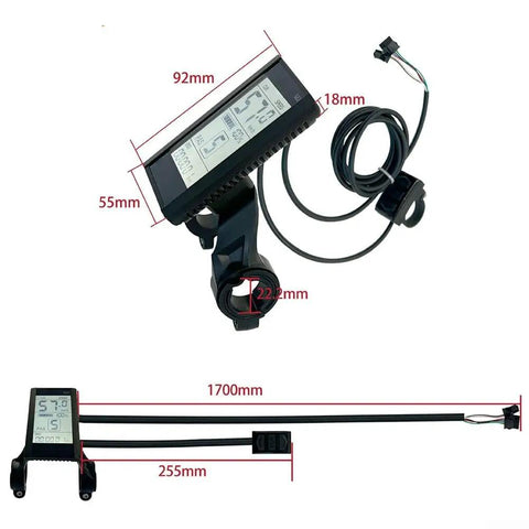 Upgrade Your Ride With Premium S830 LCD Display Screen Featuring 5Pin Sm Connector For 24V 36V And 48V Electric Bike Scooter Smart UART Control Panel Dash For Speed And Battery Monitoring. S830 LCD display with bracket, cable, and dimensions shown