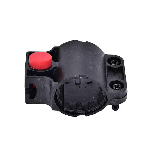 Black plastic two pack bike lock mounting bracket holder with red button, universal U lock clip for self coiling wire cable locks.