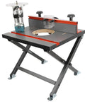 Slick Foldable Benchtop Trim Router Table With Adjustable Height Stand and Portable Workshop Station For Woodworking hobbyists, features durable steel frame.