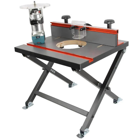 Slick Foldable Benchtop Trim Router Table With Adjustable Height Stand and Portable Workshop Station For Woodworking hobbyists, features durable steel frame.