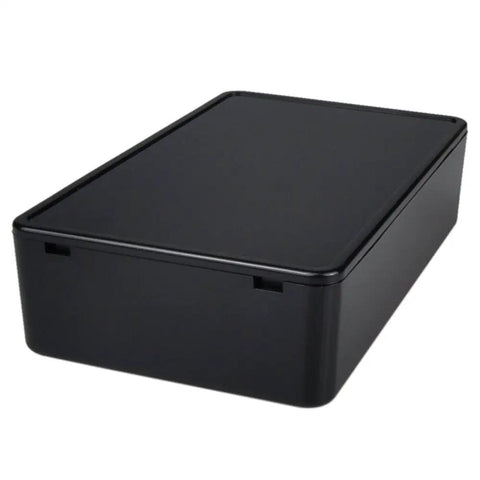 Five Pack Black ABS Plastic Project Box Sturdy Electronics Enclosure Rock Solid Junction Case Perfect For Tinkerers Circuits Smooth Drilling Drop Dead Simple, black ABS project box viewed from above.