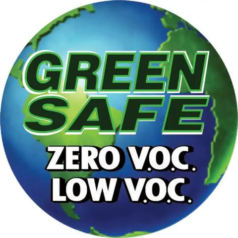 Green Safe label featuring Zero VOC and Low VOC on a globe background.