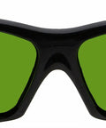 Kickass Laser Safety Glasses Featuring Heavy Duty Polycarbonate Green Lenses With OD8 Plus Defense Against Harmful Laser Beams Ansi Certified Industrial Worksite Eye Shields front view with green lenses.