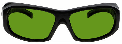 Kickass Laser Safety Glasses Featuring Heavy Duty Polycarbonate Green Lenses With OD8 Plus Defense Against Harmful Laser Beams Ansi Certified Industrial Worksite Eye Shields front view with green lenses.