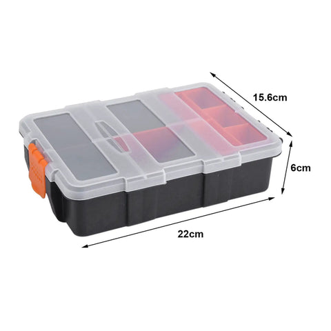 Two Layer Plastic Tools Organizer Box For Garage And Workshop with clear lid, 22x15.6x6 cm, multi compartment.