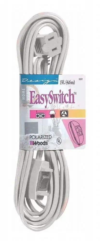 15 Foot Indoor Extension Cord With End Switch 16 Gauge SPT 2 White 359 Watt Capacity bundled with packaging visible