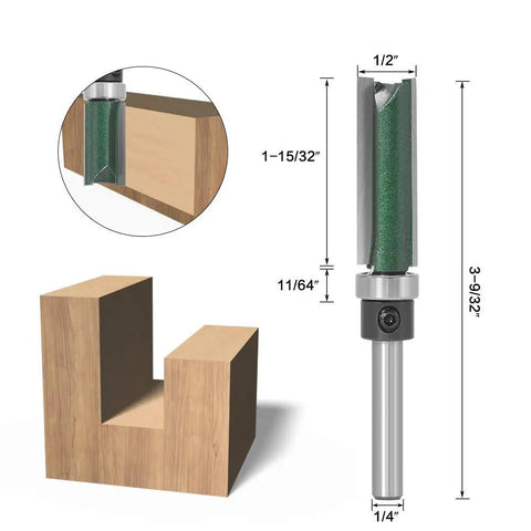 Four Piece Straight Router Bit With Bearing For Flush Trim And Grooving, One Quarter Inch Shank, Top Bearing Template Router Bit Set For Precise Trimming, Carbide YG6 Tip, Durable High Carbon Steel Body shown with dimensions and use example
