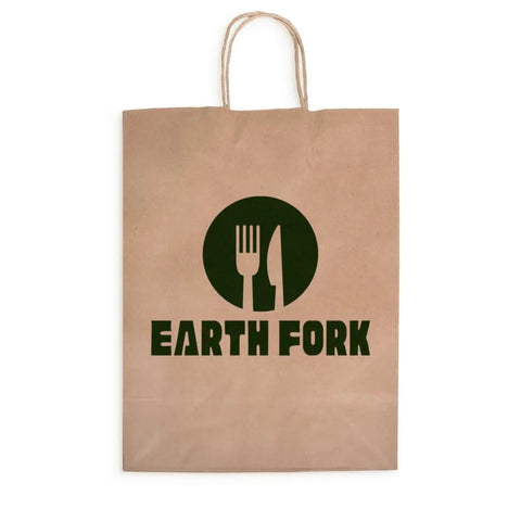 Custom Full Color Kraft Paper Bags With Handles 10 By 5 And A Half By 13 And A Quarter Inches Featuring Earth Fork Logo
