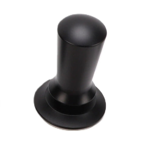 Portable Solid 58mm Stainless Steel Coffee Tamper Kit With Wooden Tamping Station Needle Tool And Quick Clean Brush, black tamper close-up.