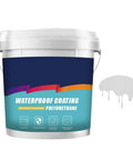 Waterproof coating bucket with polyurethane label beside swatch of white liquid sealant.