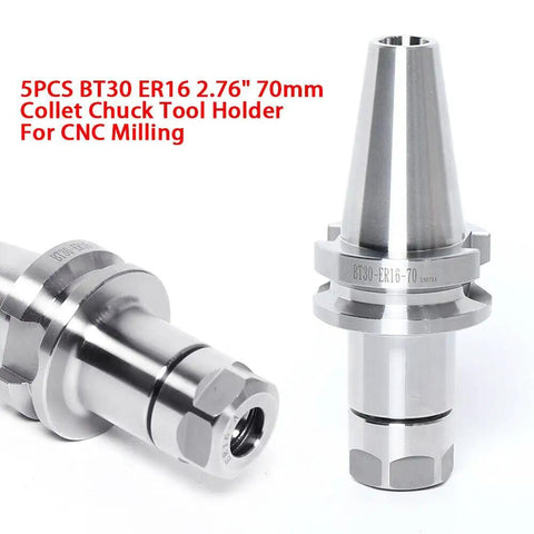 Five Piece BT30 ER16 Collet Chuck Tool Holder Set for CNC Mills and Drills, 2.76 Inch 70mm Shank, front and angle view