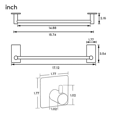 Technical diagram of Stick On 16 Inch Towel Bar With Two Adhesive Hooks Black Stainless Steel Bathroom Rack No Drill Easy Install