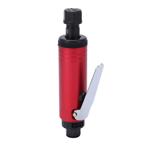 Heavy Duty Straight Air Die Grinder With Variable Speed Trigger Spinning At 25000 Rpm For Smooth Grinding And Polishing On Metal Jobs That Crush Tough Materials Like Butter, red aluminum body, side trigger.