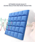 Game Changing Sound Insulation Board Acoustic Foam Panels Studio Wedge Tiles For Wall 12 Pack 19x19x2 Inch Soundproof Wall Panels For Home Office Green High Density Flame Retardant, blue foam panel with sound wave illustration.