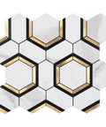 Peel And Stick Hexagon Backsplash Tiles In White And Gold With Marble Veins Self Adhesive PVC Mixed Metal Look No Grout No Mess
