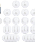 16 Pack White Self Adhesive Cable Clips For Desk And Nightstand Cable Management, Tangle Free Cord Organizer Set displayed in various sizes.