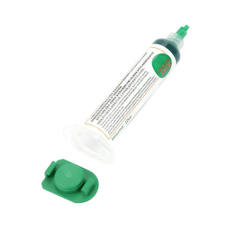 Green Light-Curing Solder Mask Ink For PCB Repairs With Light Exposure in syringe with green cap removed