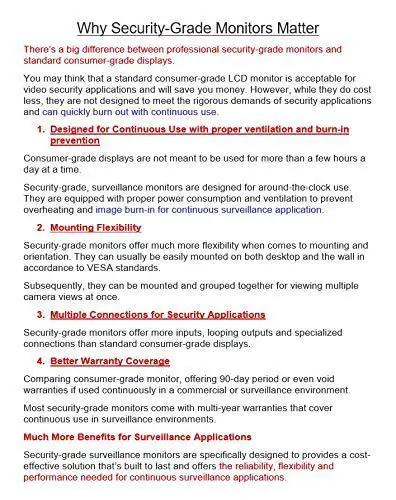 Image of a document titled 'Why Security-Grade Monitors Matter', explaining features like ventilation, flexibility, and better warranty.