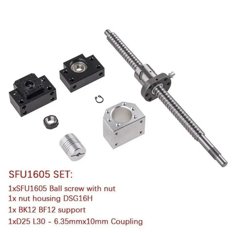 Premium 1 Set SFU1605 Ball Screw Kit With Coupler And Nut Housing For CNC Machining showing parts including screw, nut housing, and coupler.
